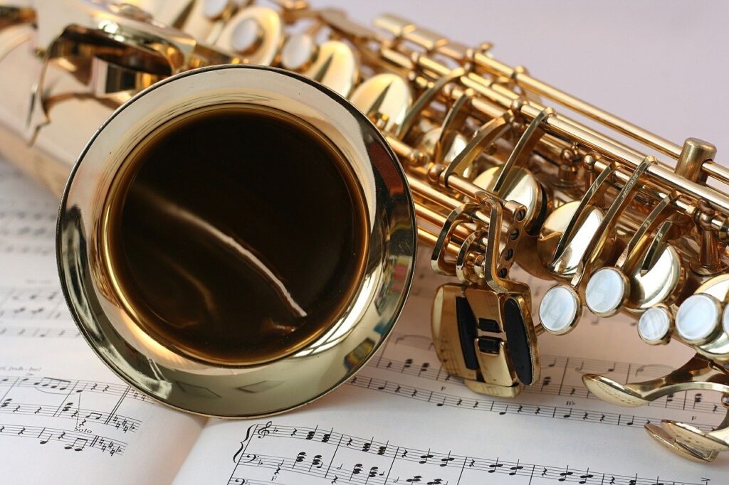 saxophone, music, gold